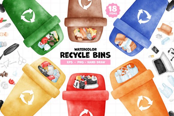 Download Eco-Friendly Watercolor Recycle Bins - Premium Resources