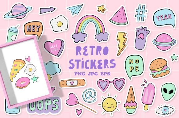 Download 35 Retro Stickers Doodles - EPS PNG JPG - Retro stickers Collection